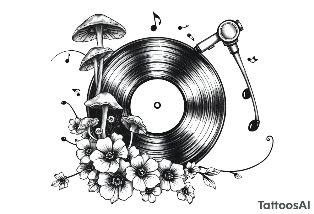 vinyl record player with mushrooms, flowers, and music notes around it tattoo idea