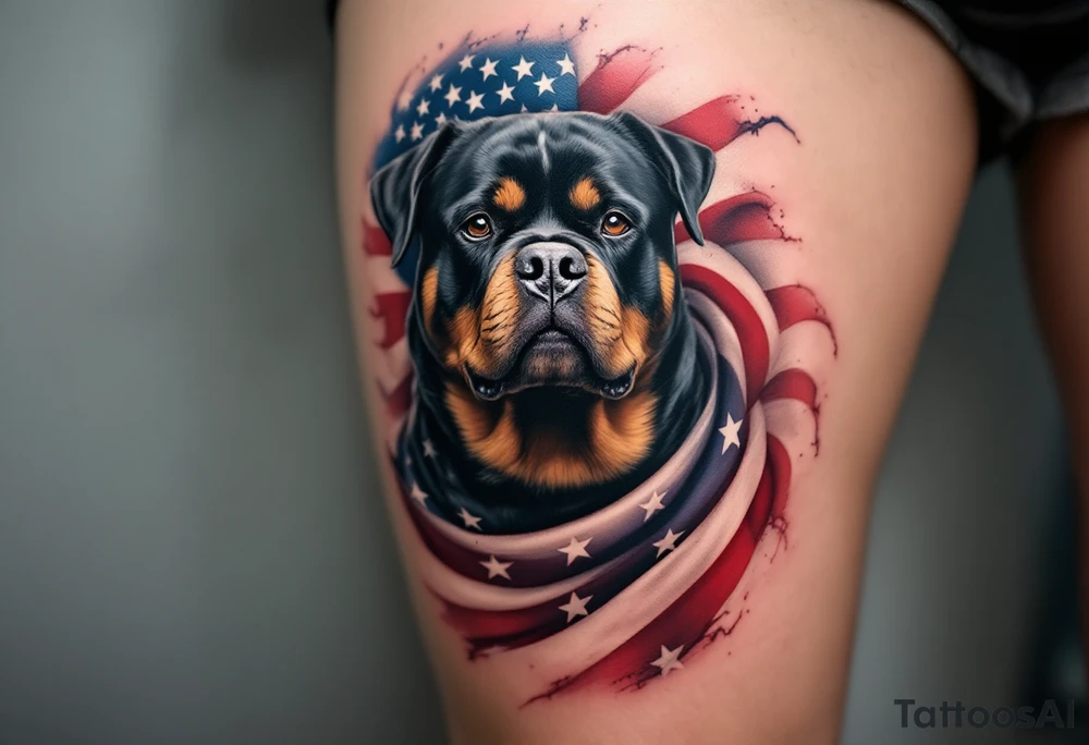 Rottweiler and American Flag – A patriotic Rottweiler with the American flag draped behind it in faded red, white, and blue. Use black and grey fur with selective color. tattoo idea