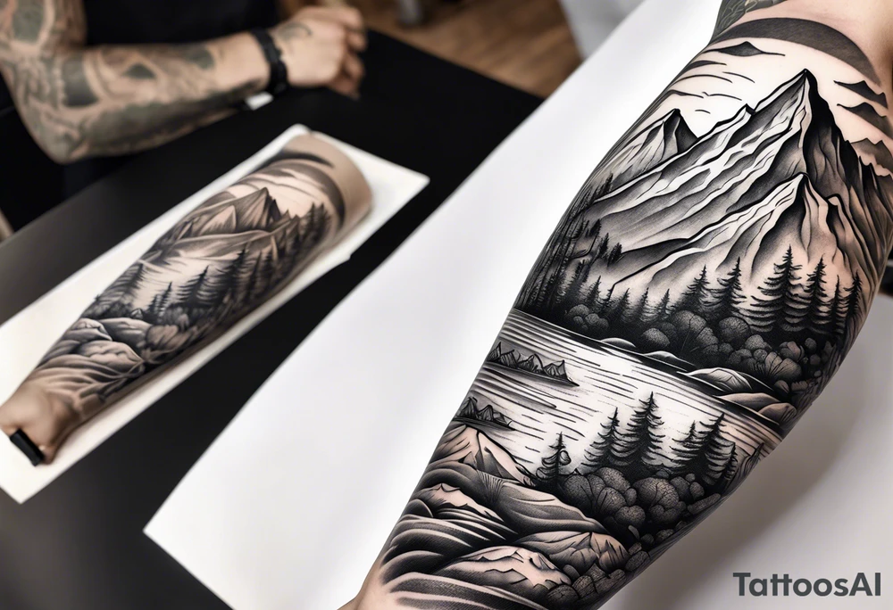 Sleeve with mountains, rivers, and fishing tattoo idea