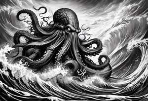 A kraken octopus monster underwater ensnaring Poseidon as he thrust his trident into the beast. Turbulent storm with lightning & waves crashing tattoo idea