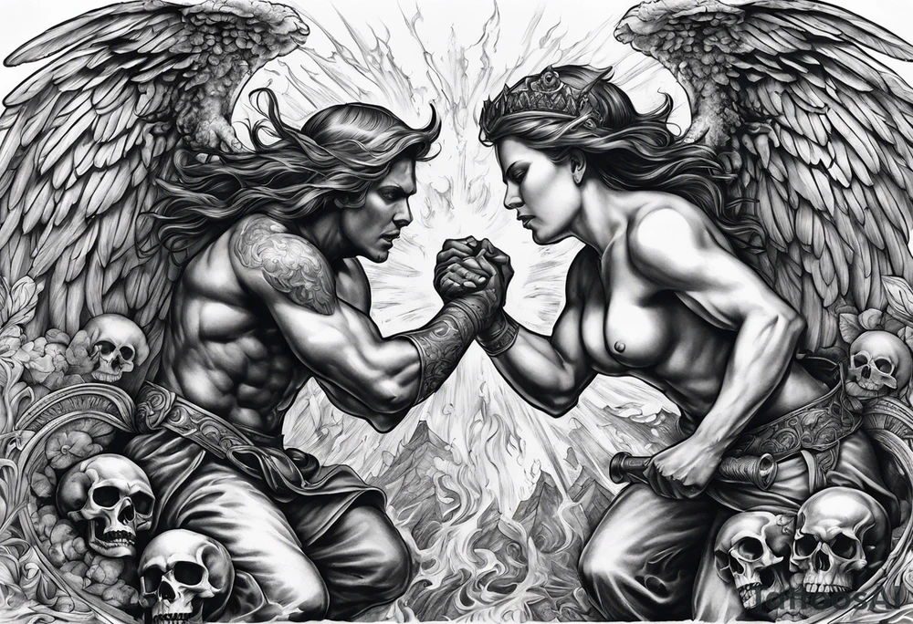 Angels fighting demons over fire with skulls in the background tattoo idea