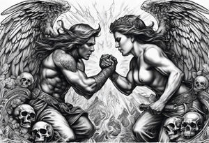 Angels fighting demons over fire with skulls in the background tattoo idea