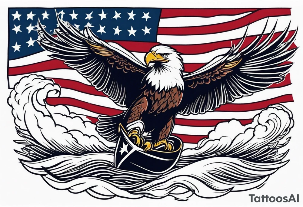 eagle flying in front of ship of the line with American flag tattoo idea