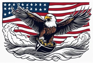 eagle flying in front of ship of the line with American flag tattoo idea