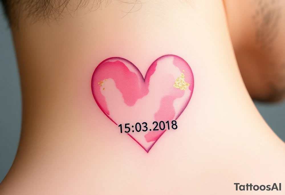 A soft watercolor heart in pastel pink and ivory, with golden dust accents, with wedding date 15.03.2018 tattoo idea