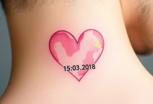 A soft watercolor heart in pastel pink and ivory, with golden dust accents, with wedding date 15.03.2018 tattoo idea