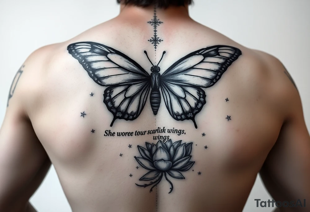 butterfly with cracked wings and lotus flower with quote that says “she wore her scars like wings” all down spine but very elegant towards lower back and small tattoo idea