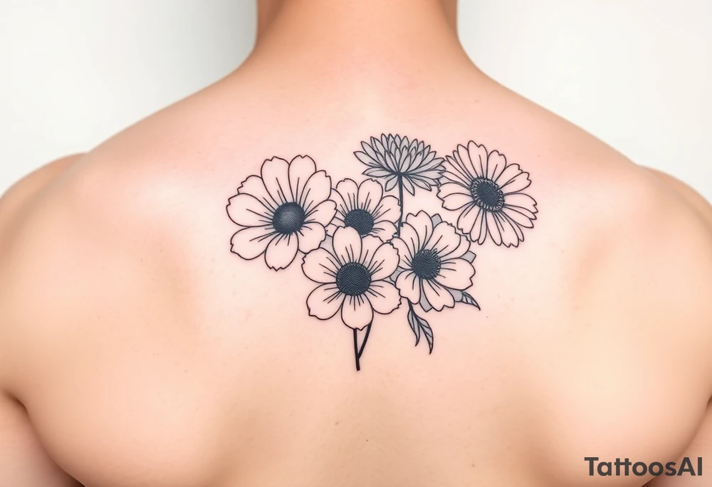 Simple small minimalist cartoon 
line tattoo of flower bouquet in order of these flowers, daisy, cosmo, poppy, chrysanthemum, cosmo tattoo idea