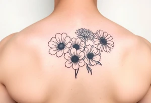 Simple small minimalist cartoon 
line tattoo of flower bouquet in order of these flowers, daisy, cosmo, poppy, chrysanthemum, cosmo tattoo idea