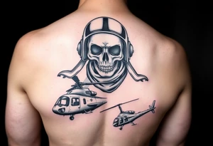 Skull in flying helmet and scarf over a puma helicopter and a wessex helicopter with shading to fit forearm tattoo idea