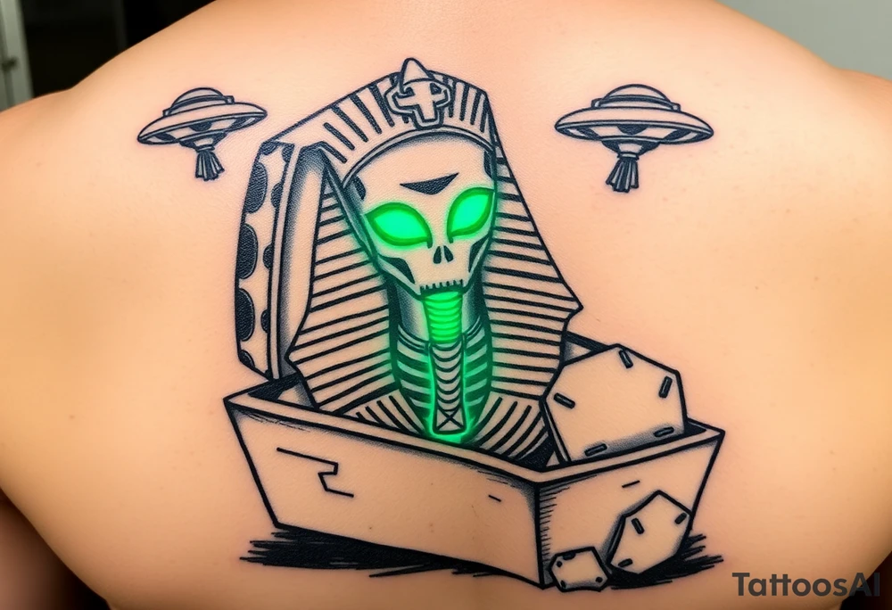 "Pharaoh's sarcophagus opening to reveal a grey alien. Instead of organs: glowing crypto wallets. Floating UFOs are shaped like Chevy Impalas (lowrider style).  

Style: Neo-traditional tattoo with glitch effects. Colors: turquoise/black/neon green." tattoo idea