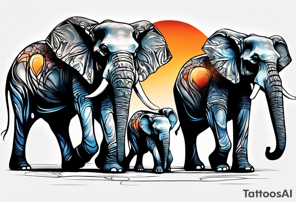 family of 6 elephants walking into sunset tattoo idea
