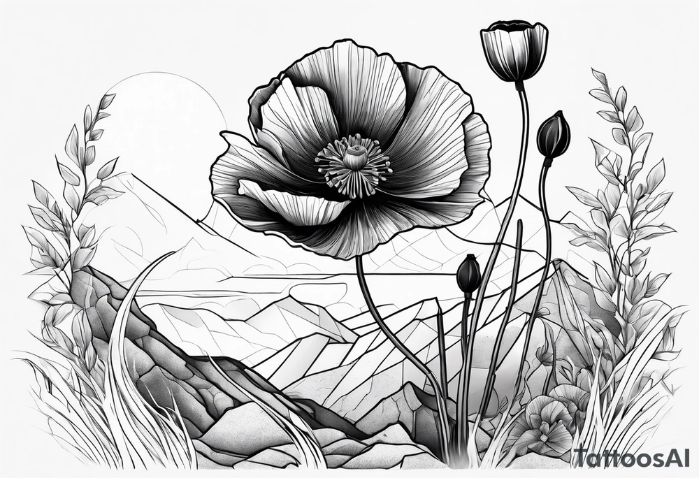 Poppy plant breaking through rock ground tattoo idea