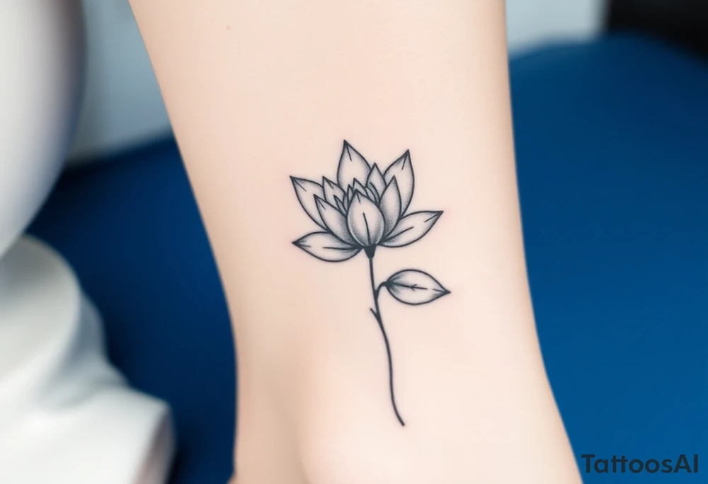 A detailed black and white water lily tattoo, shaded in elegant grayscale with hints of deep blue for depth, representing timeless love and simplicity tattoo idea