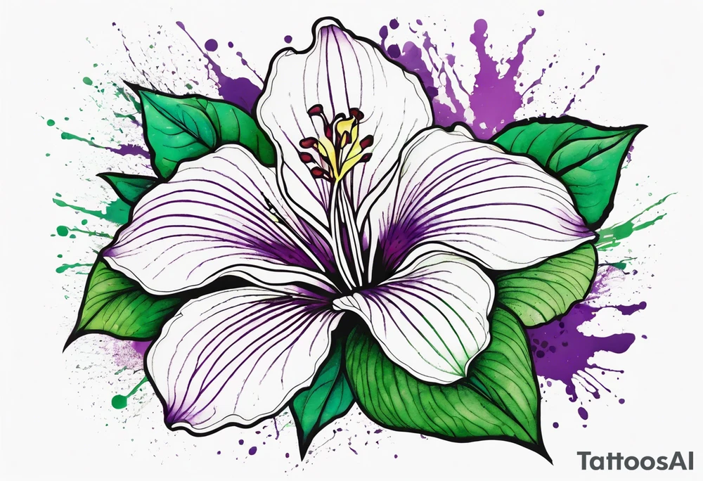 An outline of a rio dipladenia flower with a green and purple watercolor splash in the background tattoo idea