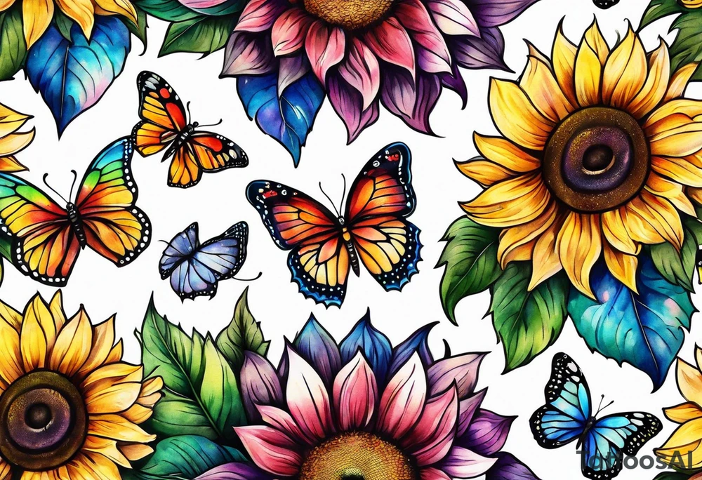 arm sleeve with cross, rainbow sunflowers and butterflies tattoo idea