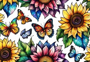 arm sleeve with cross, rainbow sunflowers and butterflies tattoo idea