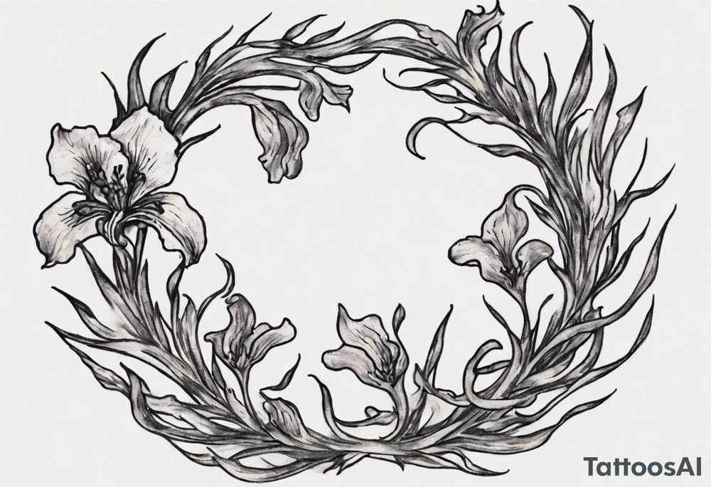 Create a small Vincent van Gogh Irises tattoo. The tattoo should take the form of a crescent, with vines gracefully intertwining at a central point in the middle of the wreath with a bird. The intended placement is on the upper chest. The overall design should be small in size while maintaining a delicate and artistic aesthetic. Pay attention to the graceful flow of the vines and the placement of the irises to achieve a refined and elegant look. tattoo idea