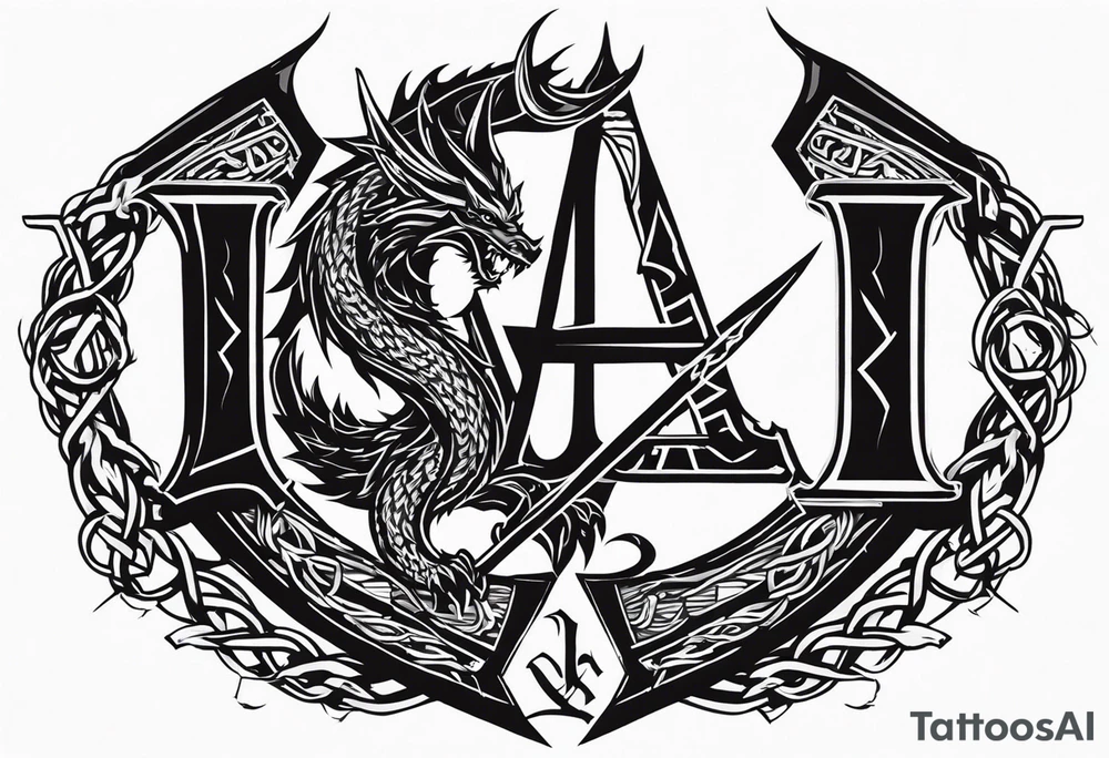 Valhalla sword shield dragon axe Valknut barbed wire chains fire tattoo idea