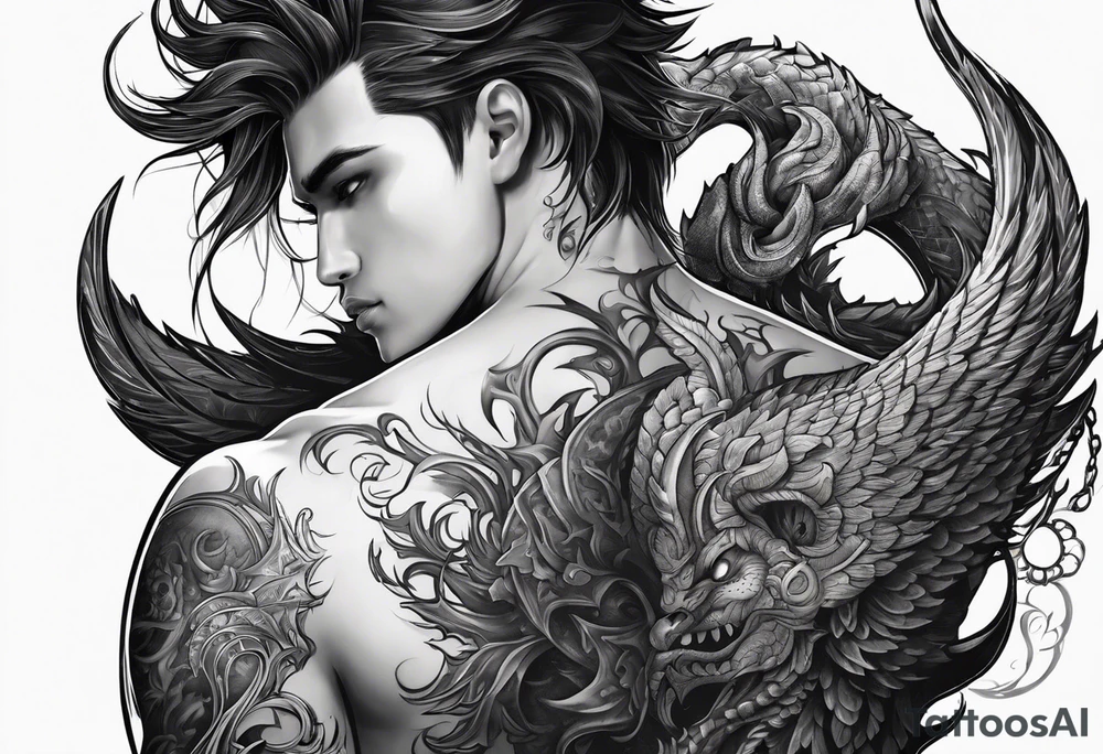 Shadow demon clawing at a mans back tattoo idea