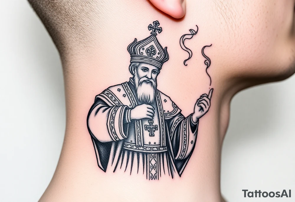 Russian Orthodox Priest in a fully detailed gold vestment swinging a censer with smoke curling upward tattoo idea