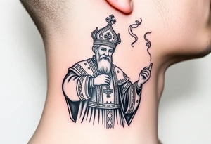 Russian Orthodox Priest in a fully detailed gold vestment swinging a censer with smoke curling upward tattoo idea