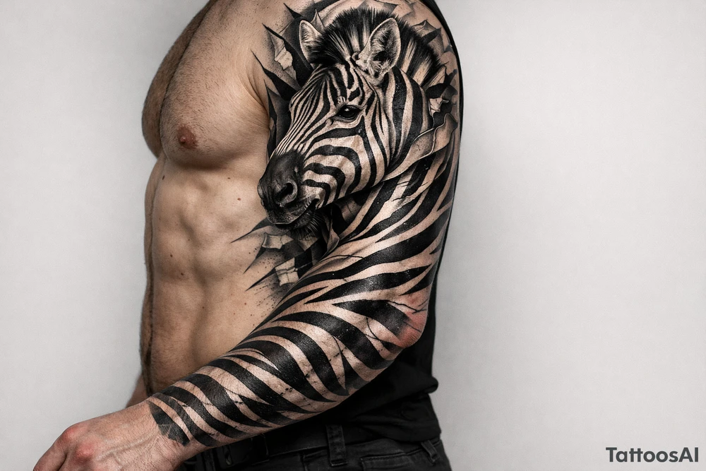 Realistic zebra head emerging from chest, stripes flowing onto arm. tattoo idea