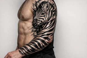 Realistic zebra head emerging from chest, stripes flowing onto arm. tattoo idea