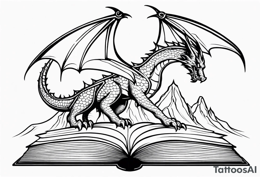 an open fantasy book. a flying dragon with scales and four legs. a castle. three mountain peaks tattoo idea