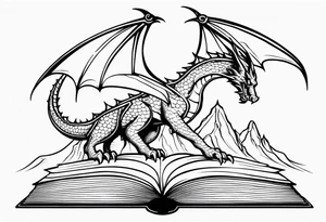 an open fantasy book. a flying dragon with scales and four legs. a castle. three mountain peaks tattoo idea
