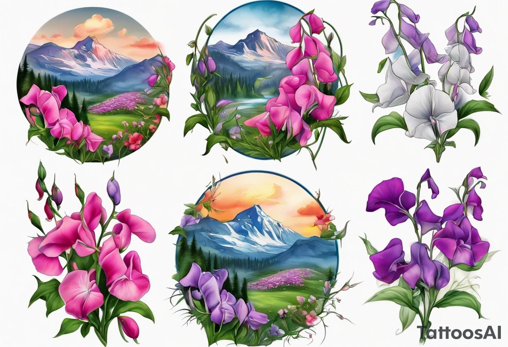 mountain landscape of cascading field 
sweet pea flowers, multi color tattoo idea