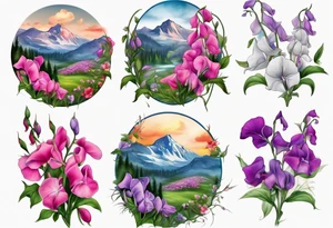 mountain landscape of cascading field 
sweet pea flowers, multi color tattoo idea