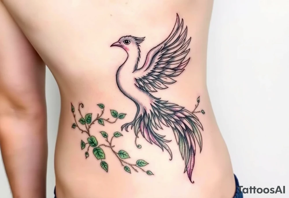Artistic Style: A blend of fine-line realism and organic abstraction to capture both anatomical detail and spiritual essence.

Color Palette: Earth tones (greens, browns) for the vine and natural elements; vibrant hues (green, purples, golds) for the phoenix to signify vitality and transformation.

Flow & Composition: The design should flow naturally with your body's contours, creating a harmonious and dynamic piece that accentuates your form. 

Placement & Coverage

Starting Point: Approximately 2–3 inches below the armpit on the side torso.

Coverage Path: Extending across the lower abdomen to cover the C-section scar, then flowing down the opposite hip toward the upper tattoo idea