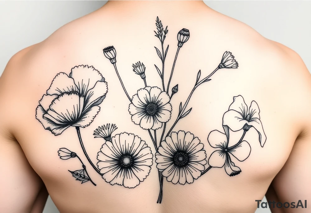 poppy, gladiolus, holly, narcissistic, daisy, and sweet pea tattoo idea