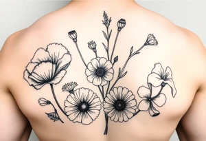 poppy, gladiolus, holly, narcissistic, daisy, and sweet pea tattoo idea