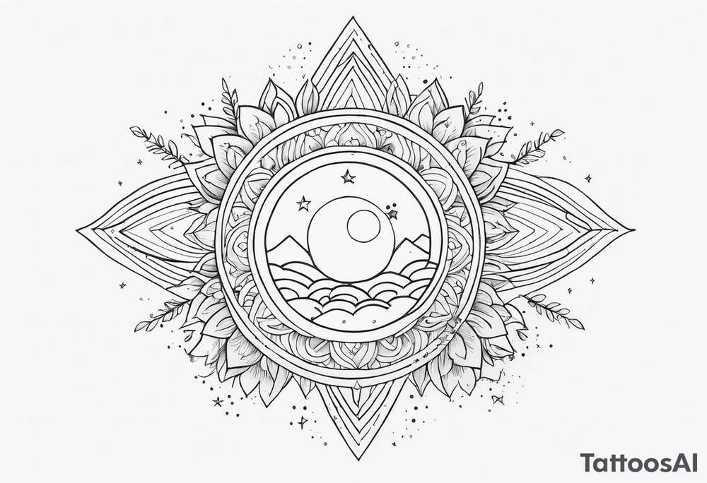 fine line with sun, stars, floral, dots. Sternum tattoo tattoo idea
