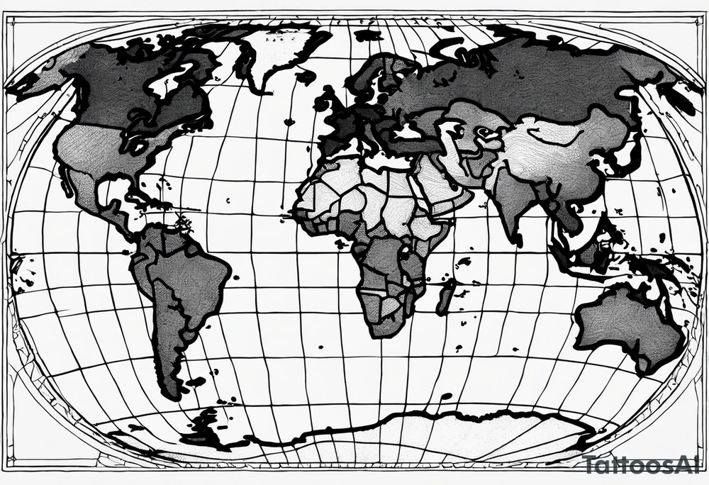 the earth on a flat map with no shading placed on a grid with only the lines with accurate depictions of the borders in countries while having it in an oval/circular position on a grid without any borders on the sides while having the countries not have such bold borders tattoo idea