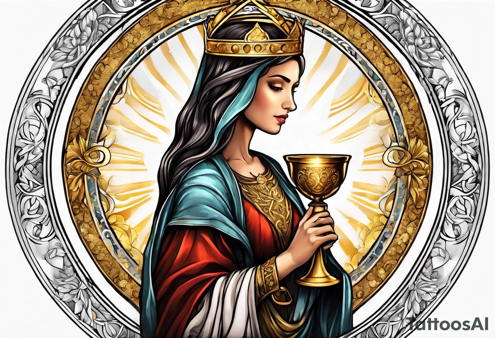 woman saint holding chalice surrounded by golden halo tattoo idea