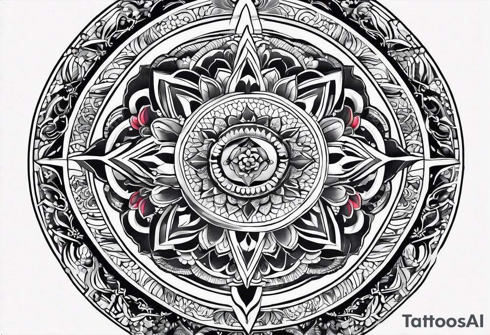 The background of the tattoo as a world map framed by a mandala. At the bottom of the mandala a small buddhist shrine tattoo idea