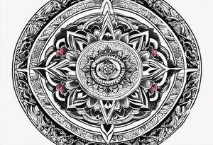 The background of the tattoo as a world map framed by a mandala. At the bottom of the mandala a small buddhist shrine tattoo idea
