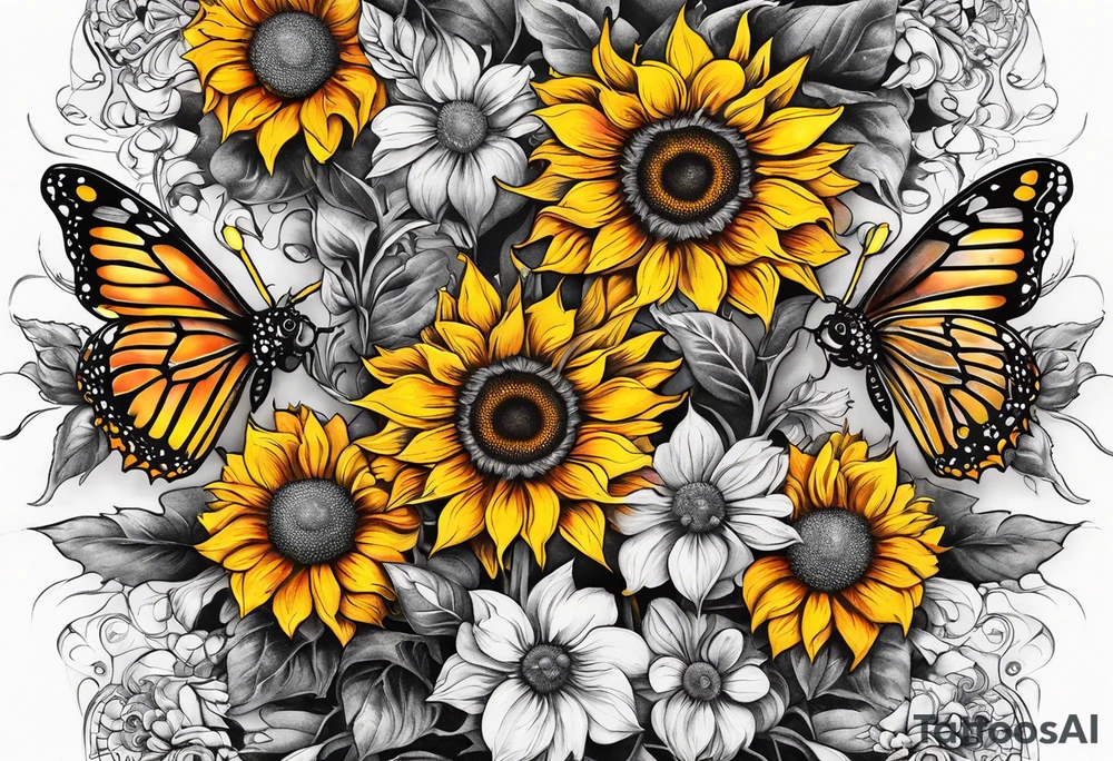 A beautiful blend of sunflowers bumblebee butterflies. They create a sexy and elegant design to run along the front of a woman's stomach. tattoo idea