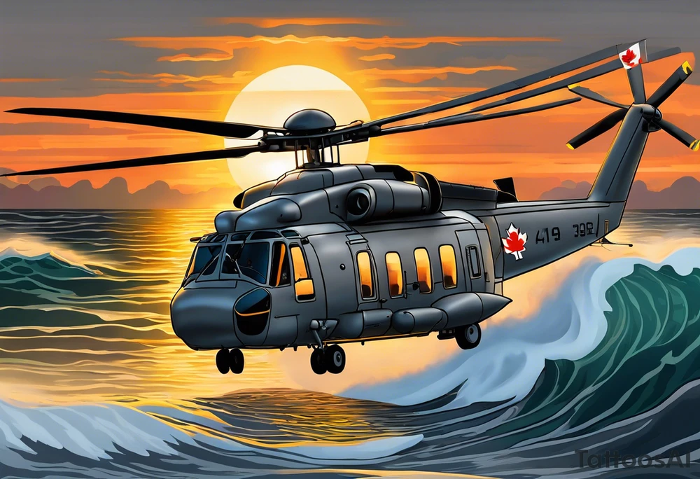 Canadian military grey CH-148 Cyclone helicopter soaring low over rough, ocean waves. The sun is setting, casting a dramatic glow on the scene with realistic clouds and a specular reflection of the helicopter on the water. The helicopter should be the main focus, with intricate details and a sense of motion. In the background, a poppy be prominently displayed tattoo idea