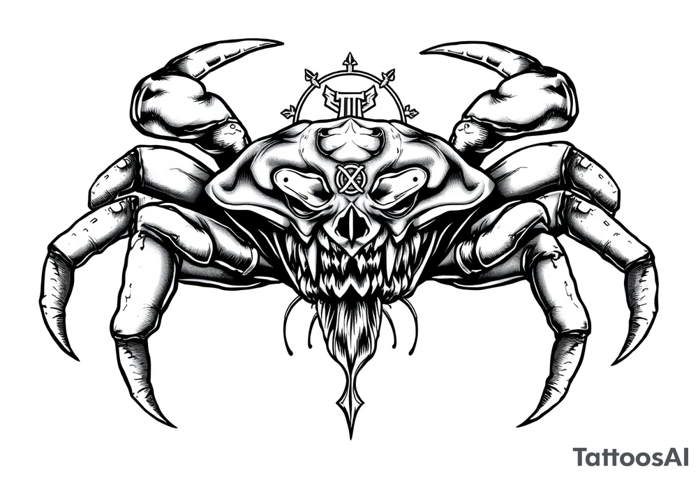 An angry crab with an angry unnatural face its claws scary with a zodiac symbol prominent and has extra long legs and big etes tattoo idea