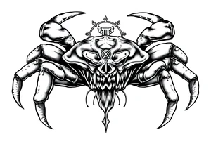 An angry crab with an angry unnatural face its claws scary with a zodiac symbol prominent and has extra long legs and big etes tattoo idea