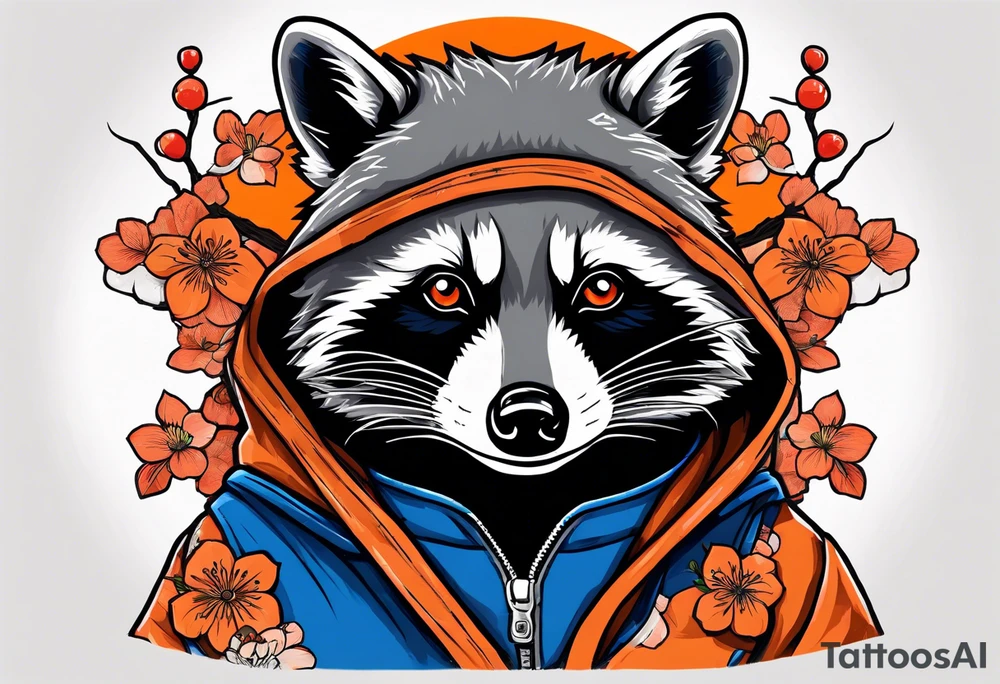 raccoon wearing a Superman hoodie with orange Japanese cherry blossoms tattoo idea
