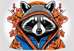 raccoon wearing a Superman hoodie with orange Japanese cherry blossoms tattoo idea