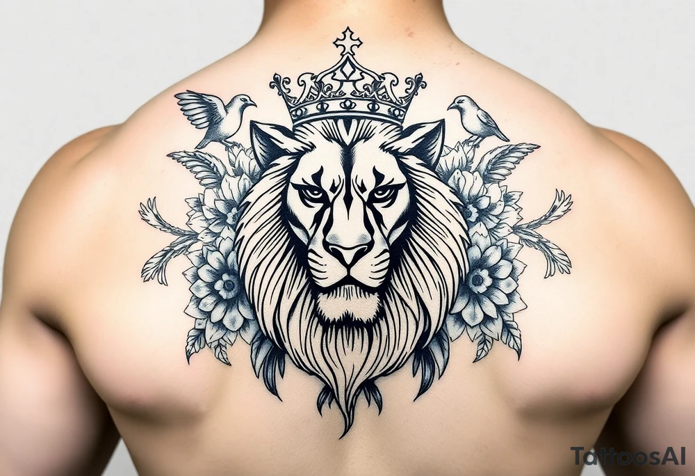 powerful majestic lion with a crown, surrounded by floral ornaments and birds tattoo idea