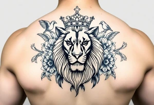 powerful majestic lion with a crown, surrounded by floral ornaments and birds tattoo idea