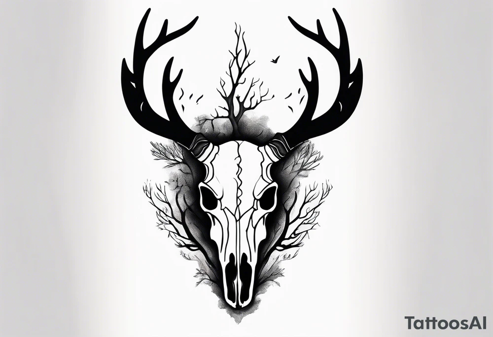 scary side view of a DECAYING deer skull JUST BONE surrounded by a forest fire in background tattoo idea