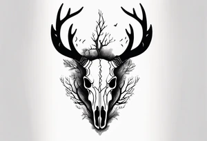 scary side view of a DECAYING deer skull JUST BONE surrounded by a forest fire in background tattoo idea
